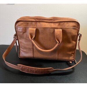 Brown / Tan Leather Satchel Messenger Bag Expandable Shoulder Strap & Handles